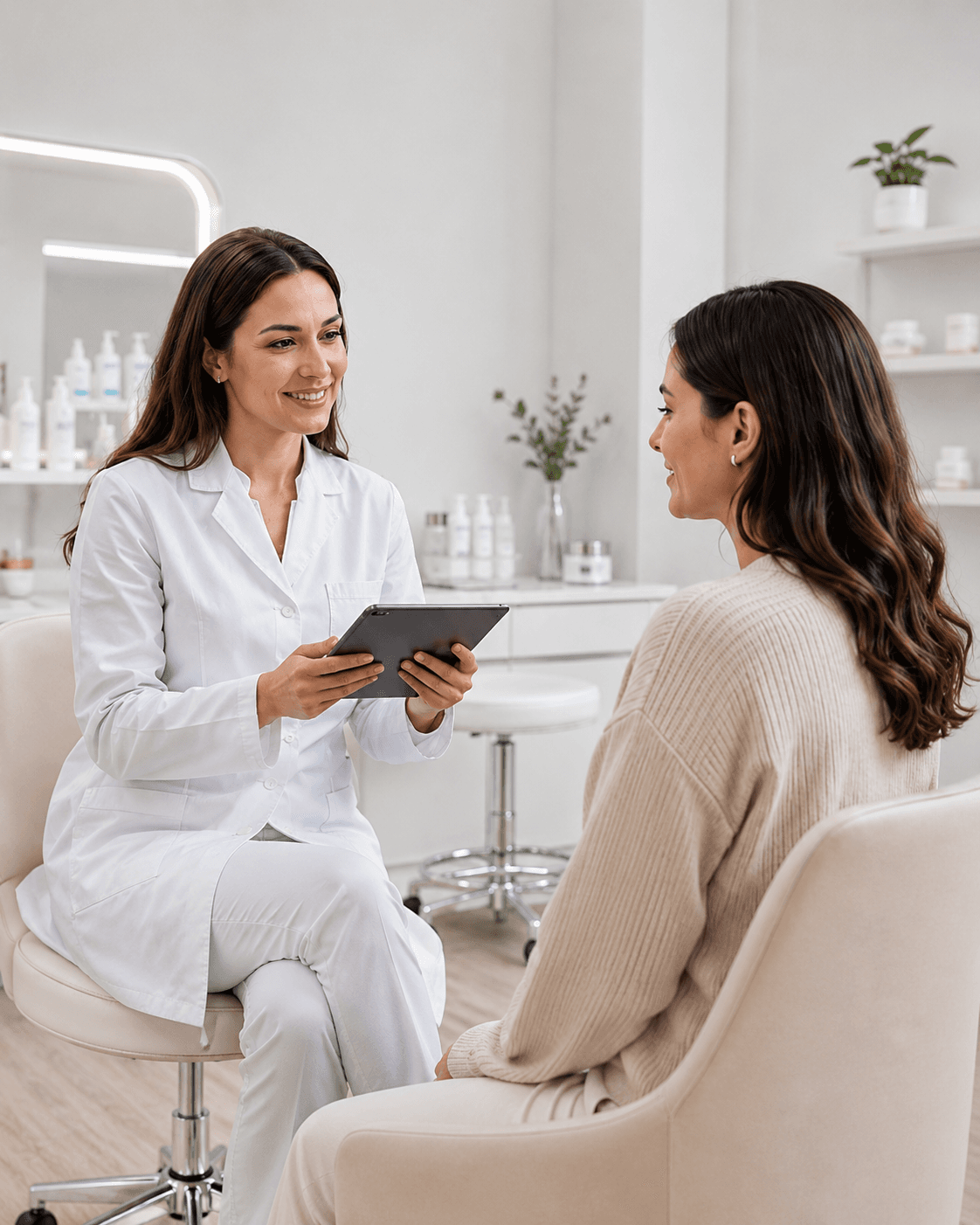 Dermatology clinician speaking with a patient during a consultation