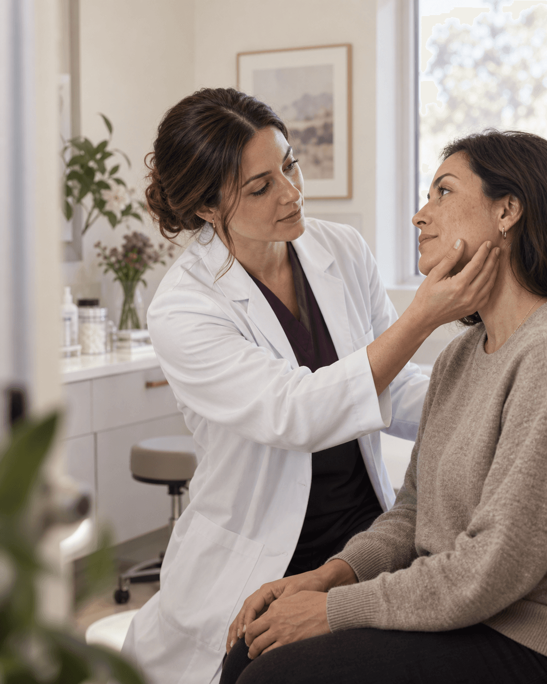 A dermatologist carefully examining a patient during a consultation